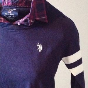 3/4" light sweater w/purple plaid collar insert